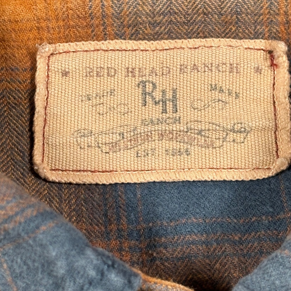 Red Head Ranch Flannel Shirt Mens Large Orange Blue Plaid Snap Button Workwear - Picture 4 of 11